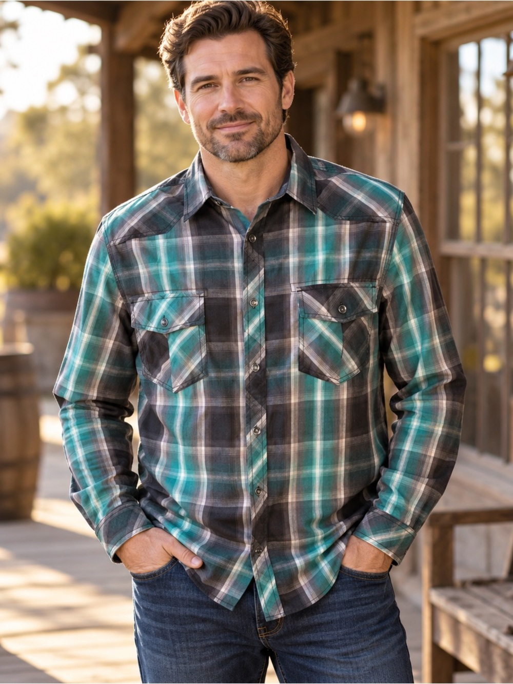 Rock & Republic Men’s L Teal Black Plaid Western Pearl Snap Shirt